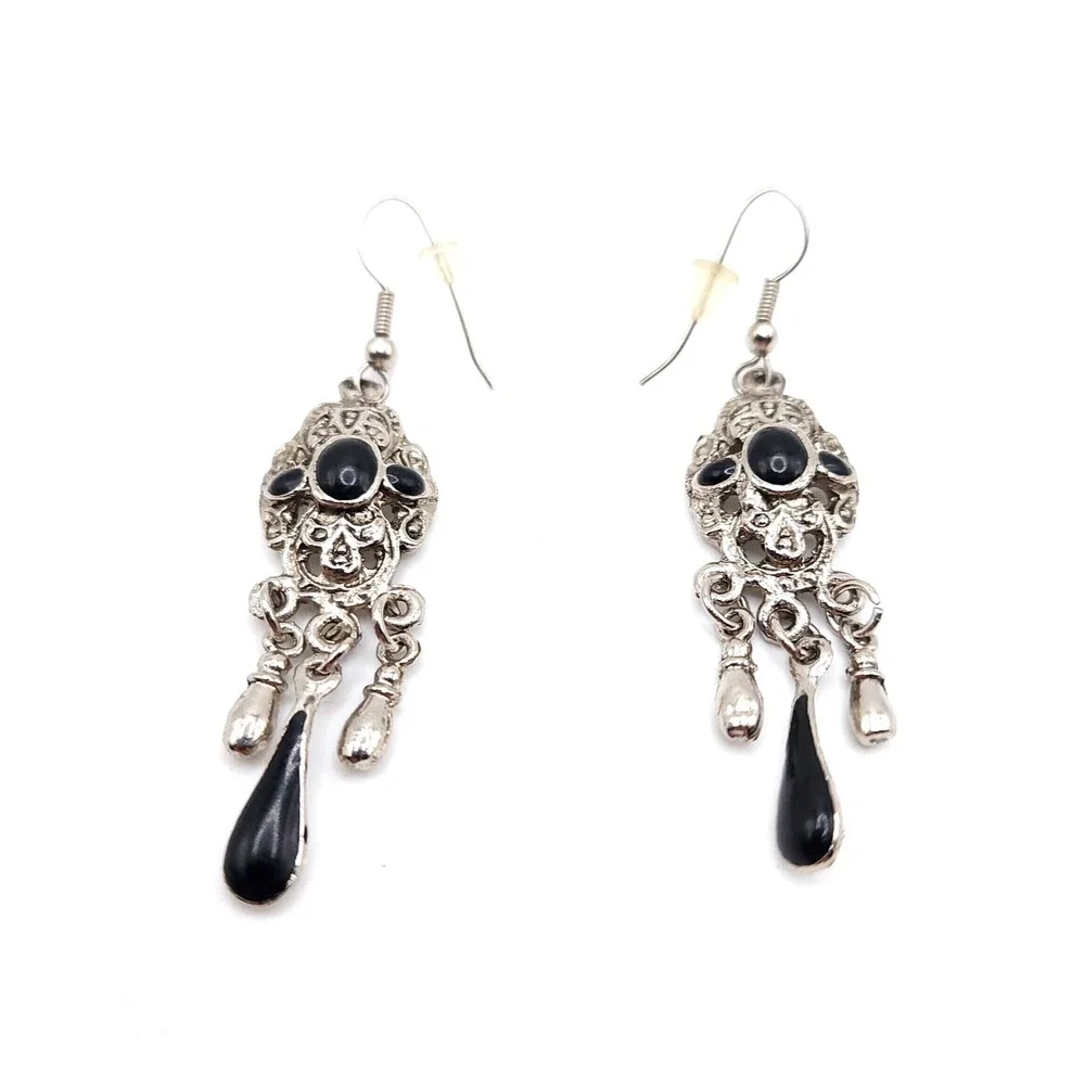 Victorian Dangle Earrings Silver‎ Filigree Faux Onyx Gothic